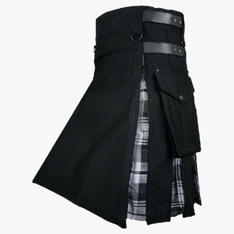 Black Cotton With Black Watch Tartan Hybrid Kilt
