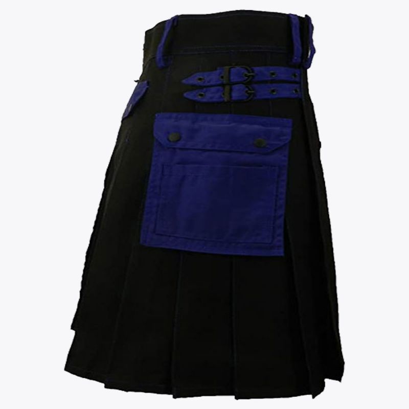 Black Deluxe Modern Kilt & Blue Straps Style With Blue Cargo Pockets
