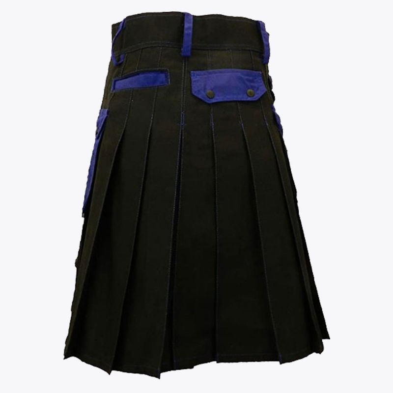 Black Deluxe Modern Kilt & Blue Straps Style With Blue Cargo Pockets
