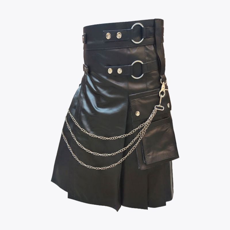 Black Leather Modern Kilt For Men
