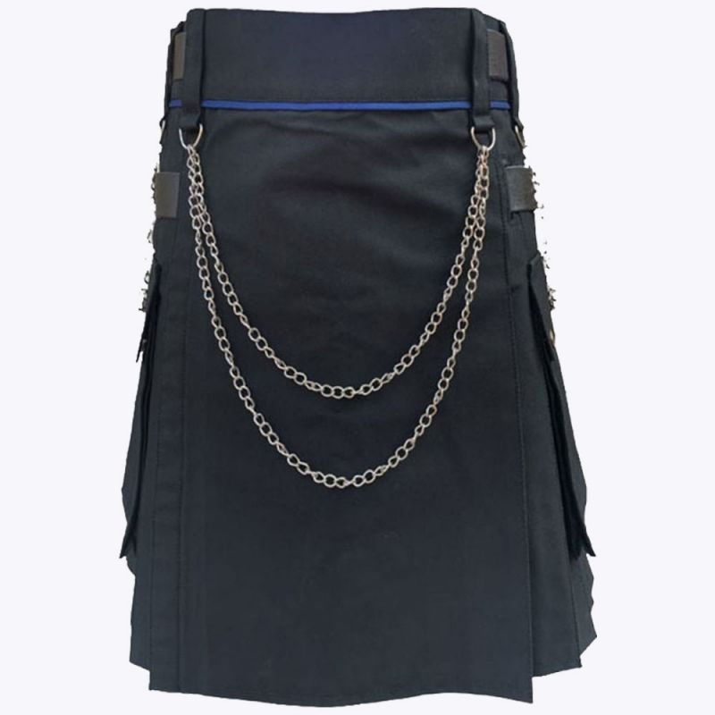 Black Modern Utility Kilt With Silver Chain Black Modern Utility Kilt With Silver Chain