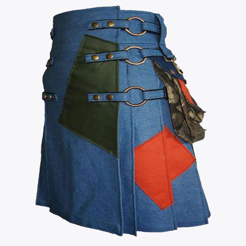 Blue Jean Denim Utility Kilt with Cargo Pockets
