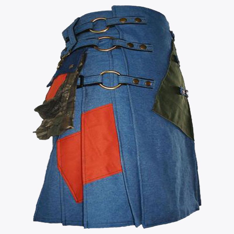 Blue Jean Denim Utility Kilt with Cargo Pockets
