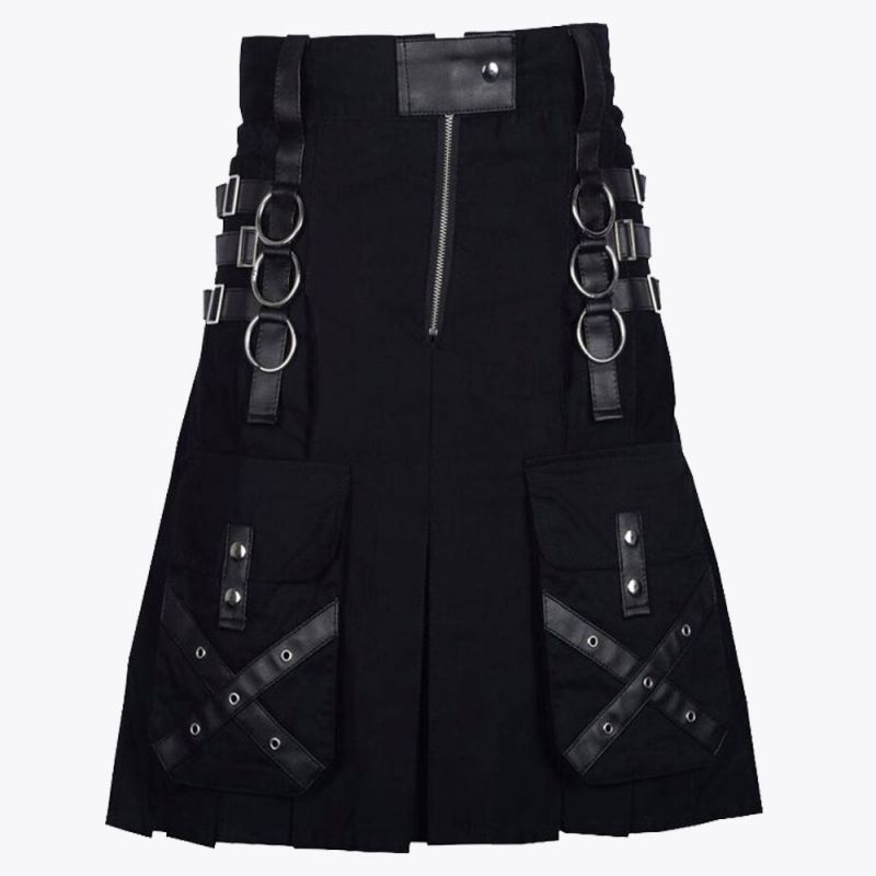 Gothic Throng Leather Straps Black Cotton Kilt
