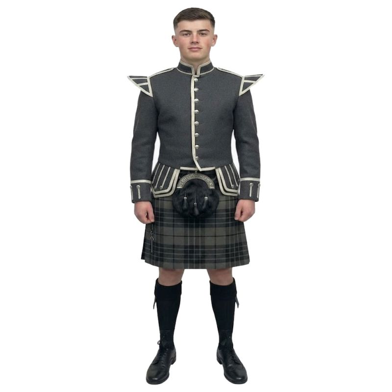 Grey Watch Tartan Kilt  Outfit with Doublet  Dark Grey Jacket