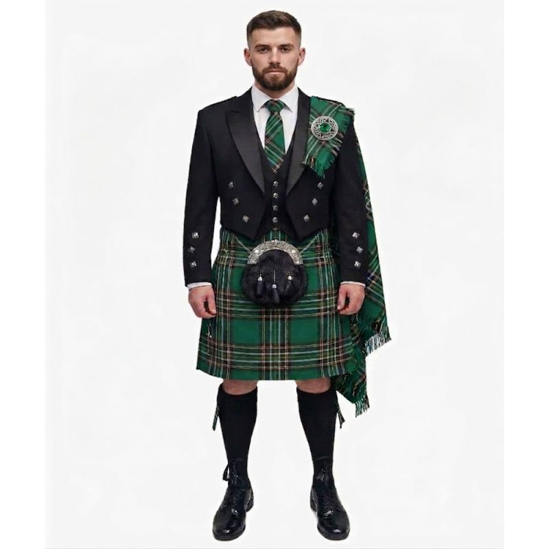 Irish National Tartan Kilt Outfit with Black Argyll Jacket