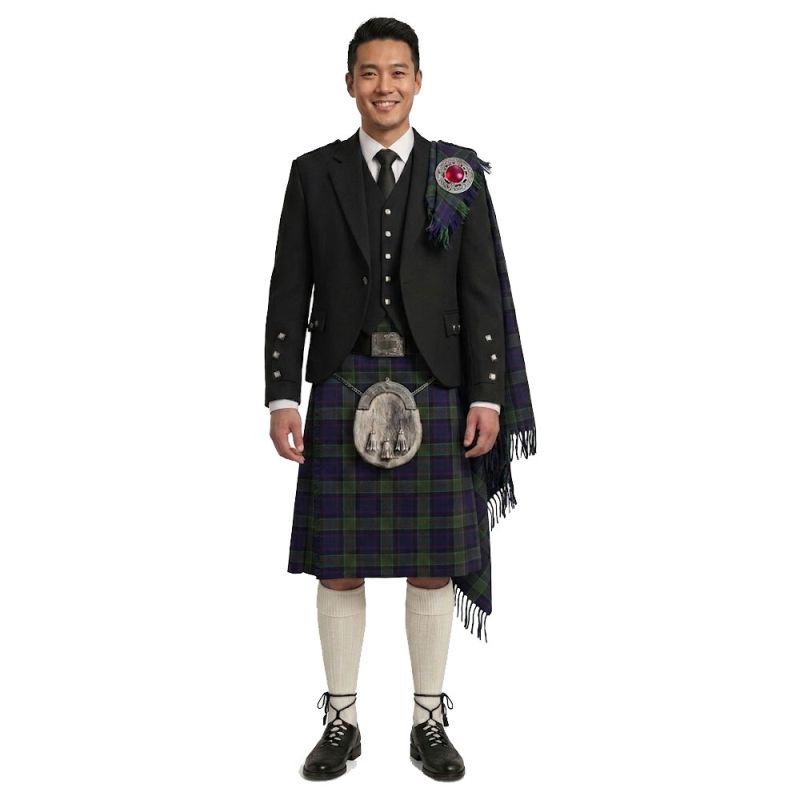 Navy Contemporary Jacket With Black watch Tartan Kilt outfit