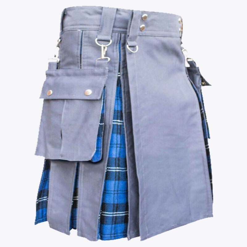 Ramsay Blue Tartan & Grey Cotton Hybrid Utility Kilt For Men
