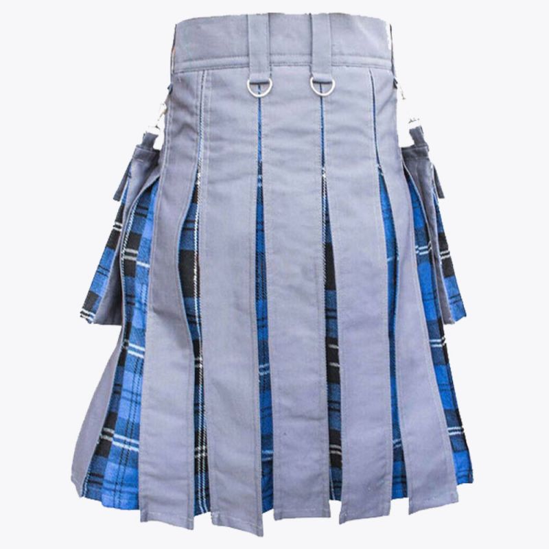 Ramsay Blue Tartan & Grey Cotton Hybrid Utility Kilt For Men
