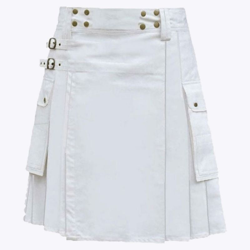 White Utility Kilt With Cargo Pockets White Utility Kilt With Cargo Pockets