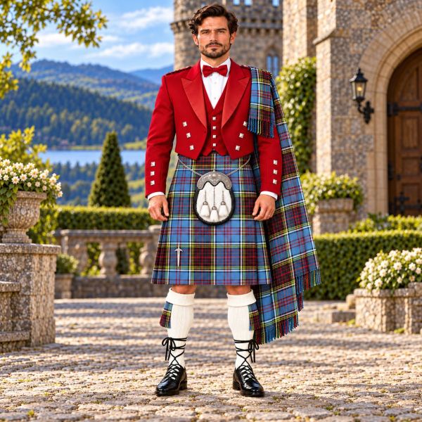 Anderson Modern Tartan Kilt Outfit With Red Prince Charlie jacket