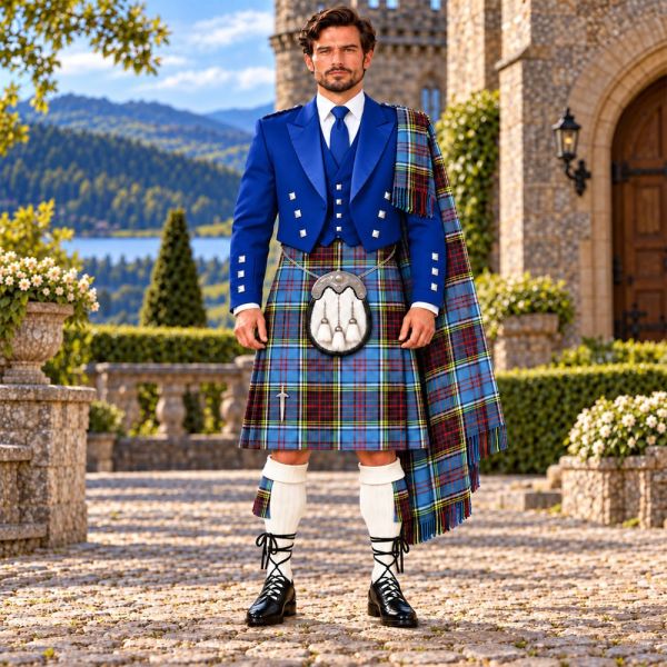 Anderson Modern Tartan Kilt Outfit With Blue Prince Charlie jacket