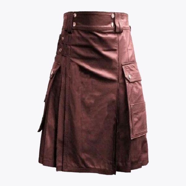 Chocolate Brown Leather Kilt with Cargo Pockets
