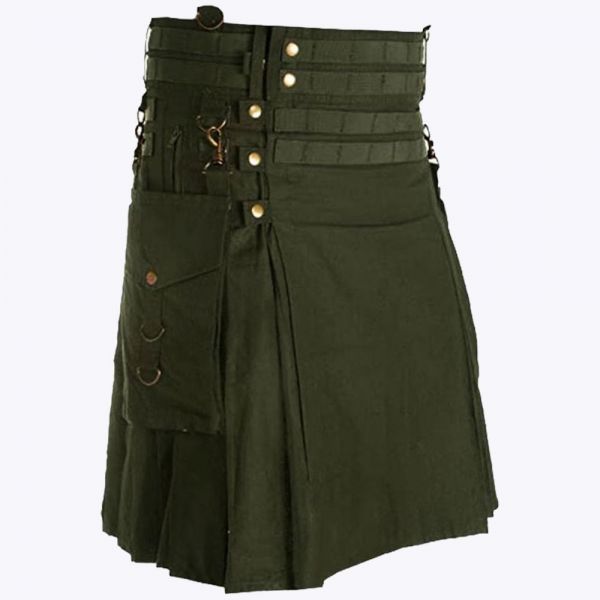 Deluxe Olive Green Modern Utility Kilt For Men
