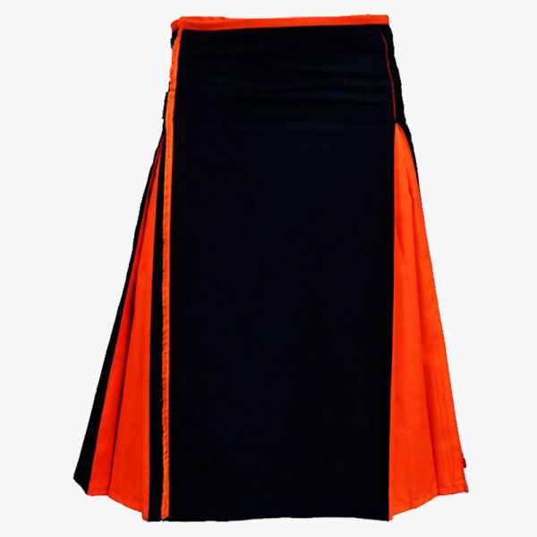 Orange & Black Cotton Hybrid Utility Kilt For Men
