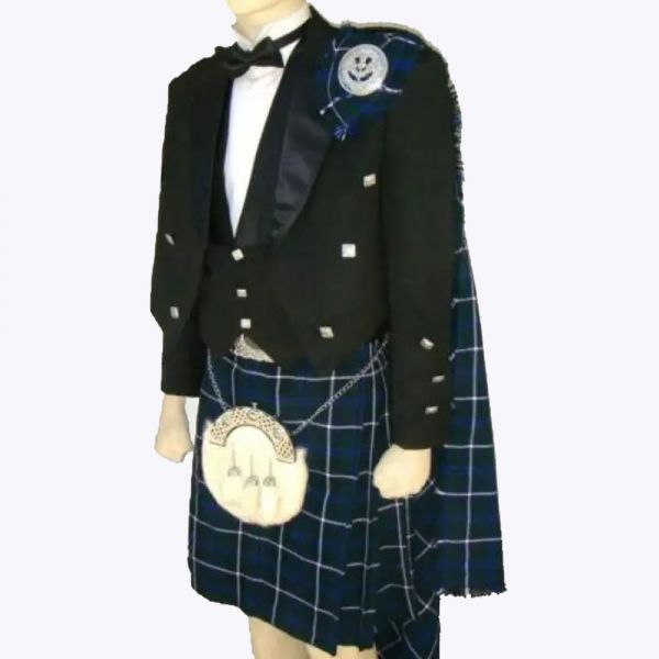 Traditional Scottish Black Prince Charlie Jacket With Blue Douglas Kilt Outfit