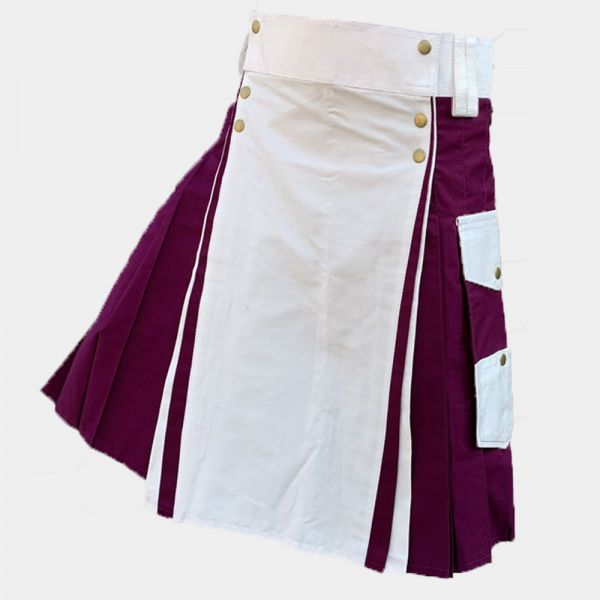 White & Burgundy Color Cotton Utility Kilt
